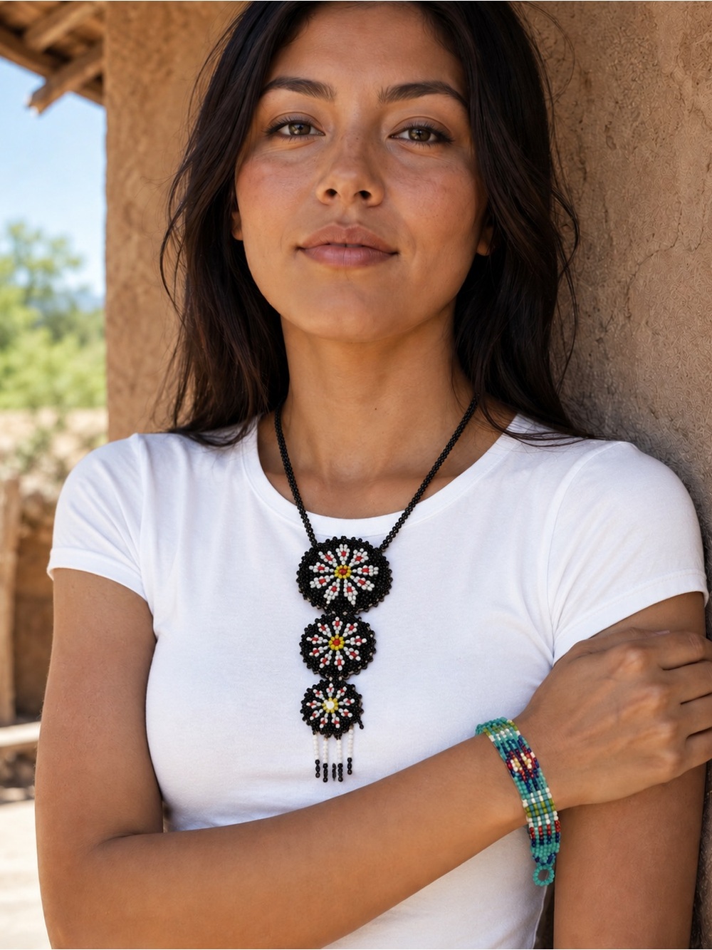 BOTH Handmade Seed Bead Leather Backed Necklace & Bracelet